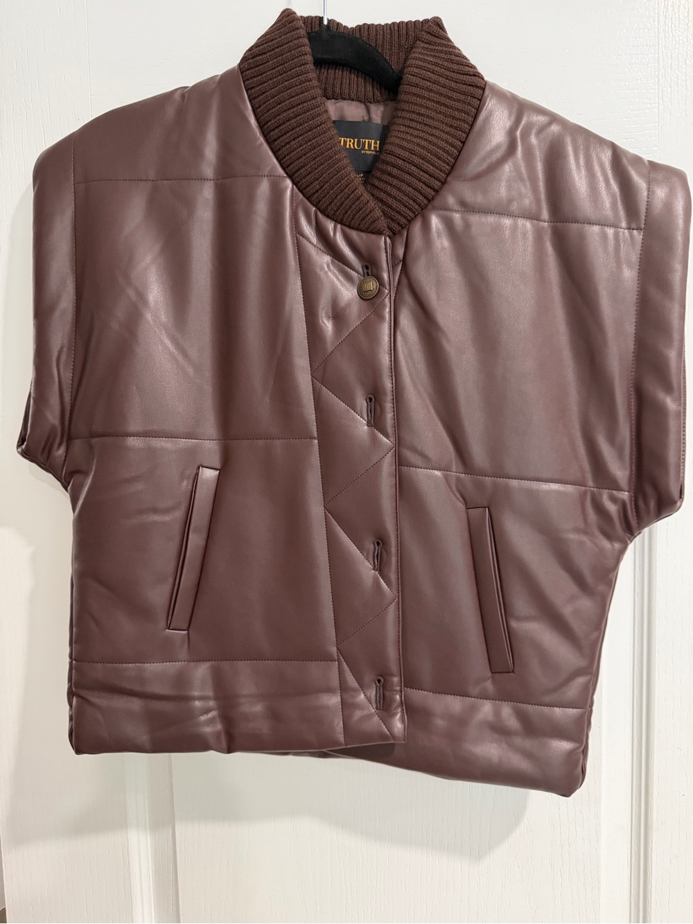 TRUTH Mauve-Brown Quilted Faux Leather Bomber Vest